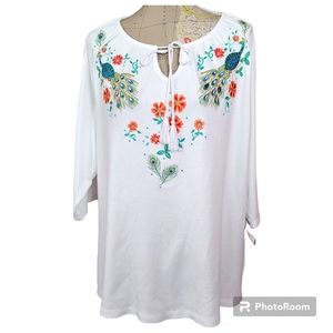 Quacker Factory Size 2X White Embroidery Blue Peacock Jeweled Peasant Blouse NWT